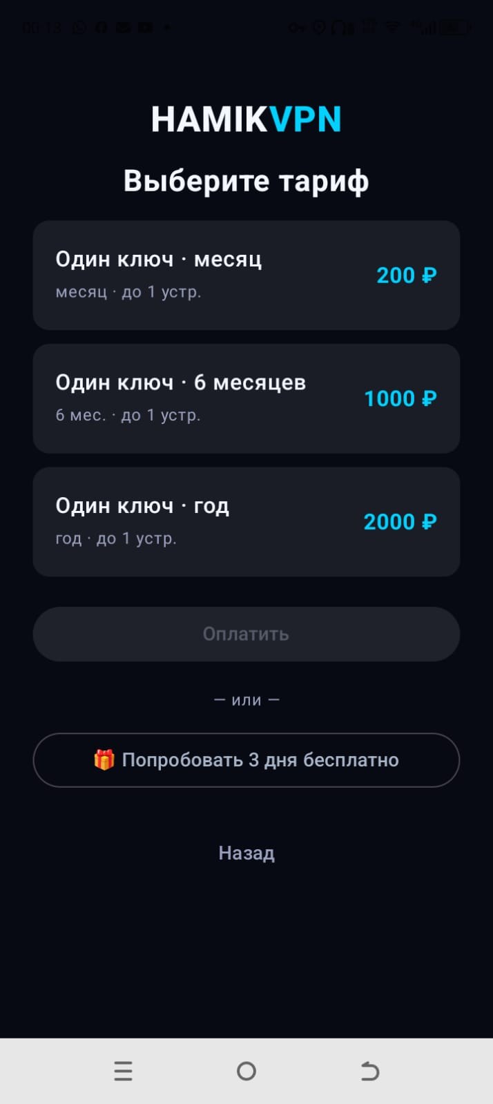 Выбор тарифа в приложении HamikVPN